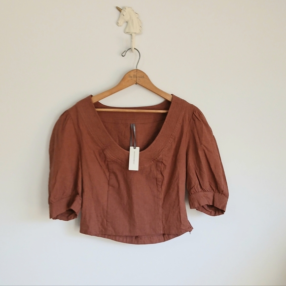 Anthropologie-Linen Blend-Scoop Neck-Puff Sleeve-Crop Corset-Rust-Size M-NWT - Picture 12 of 12
